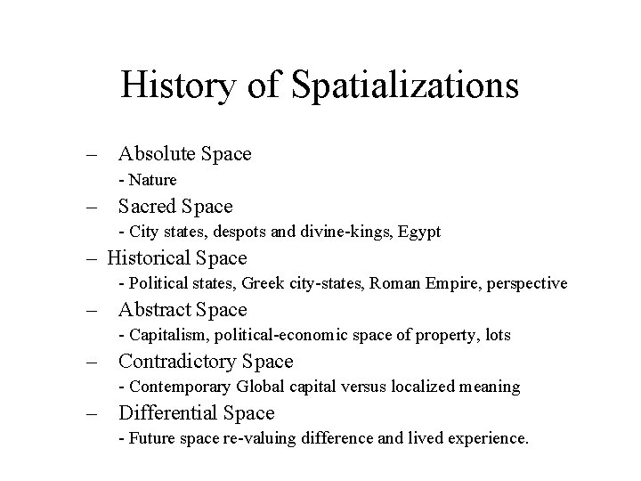 History of Spatializations – Absolute Space - Nature – Sacred Space - City states,