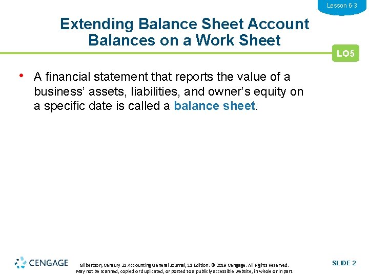 Lesson 6 -3 Extending Balance Sheet Account Balances on a Work Sheet LO 5