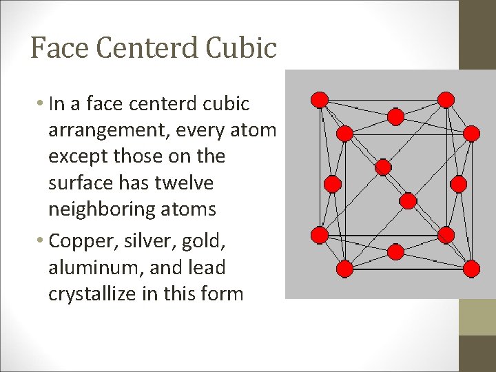 Face Centerd Cubic • In a face centerd cubic arrangement, every atom except those