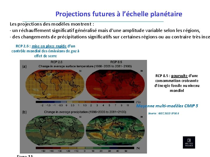 Projections futures à l’échelle planétaire Les projections des modèles montrent : - un réchauffement
