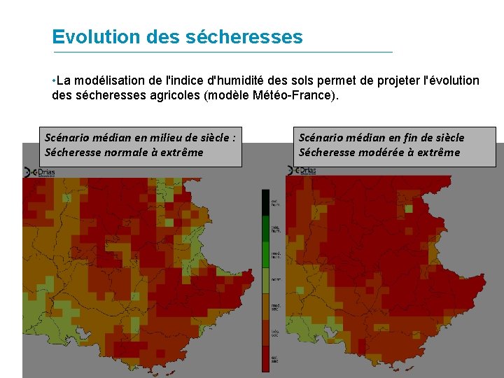 Evolution des sécheresses • La modélisation de l'indice d'humidité des sols permet de projeter