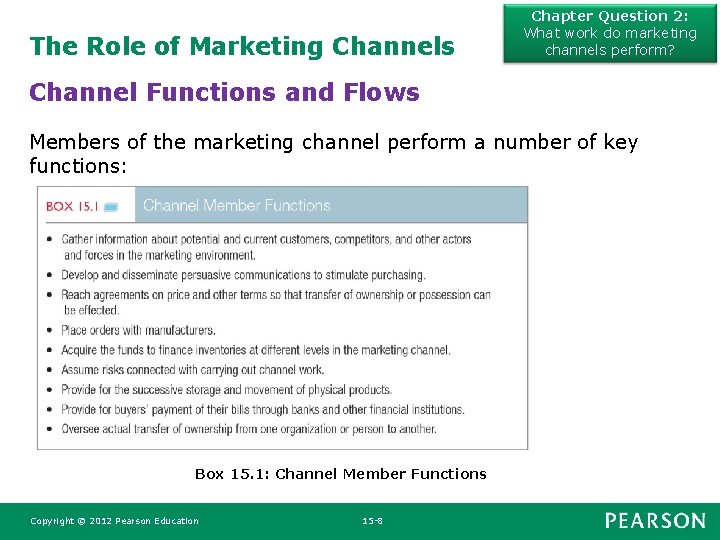 The Role of Marketing Channels Chapter Question 2: What work do marketing channels perform? The Role of Marketing Channels Chapter Question 2: What work do marketing channels perform?