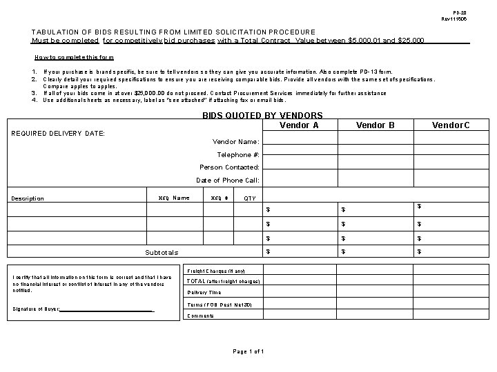 PD-20 Rev 111606 TABULATION OF BIDS RESULTING FROM LIMITED SOLICITATION PROCEDURE Must be completed