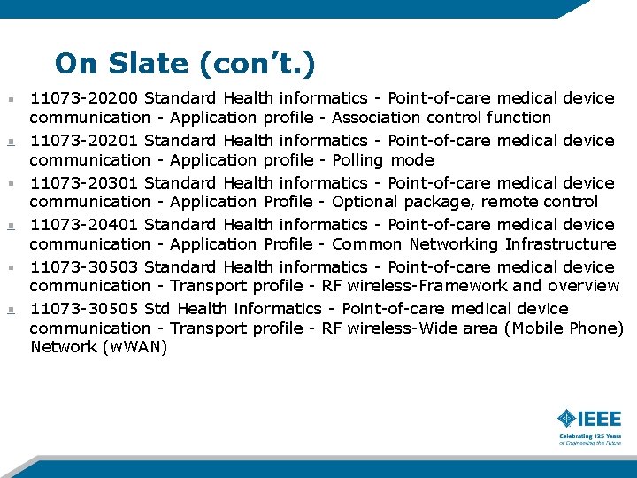 On Slate (con’t. ) 11073 -20200 Standard Health informatics - Point-of-care medical device communication