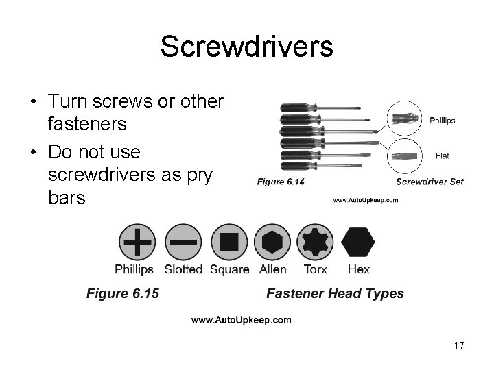 Screwdrivers • Turn screws or other fasteners • Do not use screwdrivers as pry