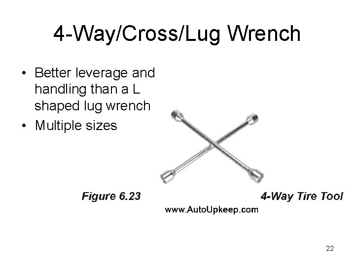 4 -Way/Cross/Lug Wrench • Better leverage and handling than a L shaped lug wrench