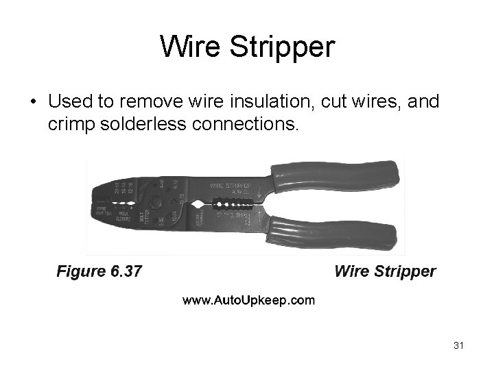 Wire Stripper • Used to remove wire insulation, cut wires, and crimp solderless connections.