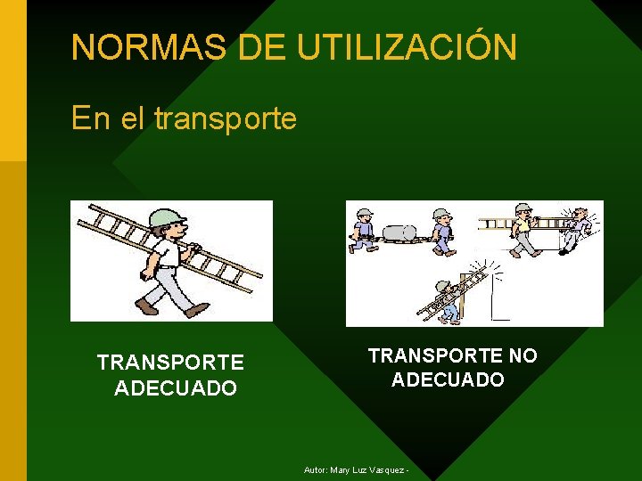 NORMAS DE UTILIZACIÓN En el transporte TRANSPORTE ADECUADO TRANSPORTE NO ADECUADO Autor: Mary Luz