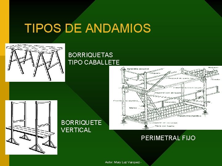 TIPOS DE ANDAMIOS BORRIQUETAS TIPO CABALLETE BORRIQUETE VERTICAL PERIMETRAL FIJO Autor: Mary Luz Vasquez