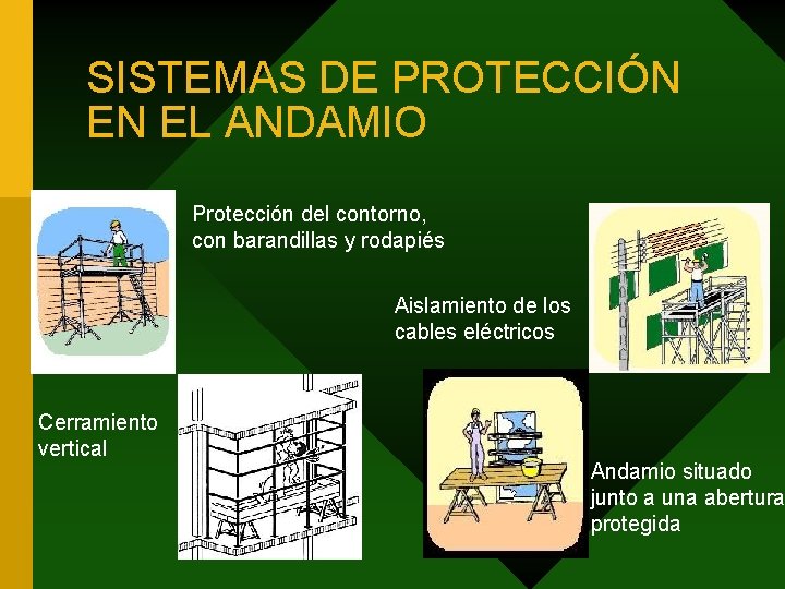 SISTEMAS DE PROTECCIÓN EN EL ANDAMIO Protección del contorno, con barandillas y rodapiés Aislamiento