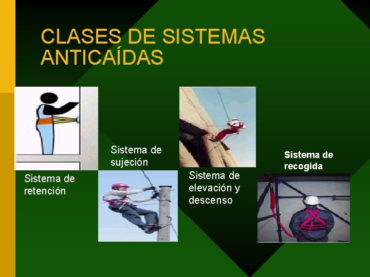 CLASES DE SISTEMAS ANTICAÍDAS Sistema de sujeción Sistema de retención Sistema de elevación y