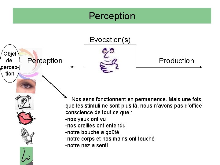 Perception Evocation(s) Objet de perception Production Nos sens fonctionnent en permanence. Mais une fois