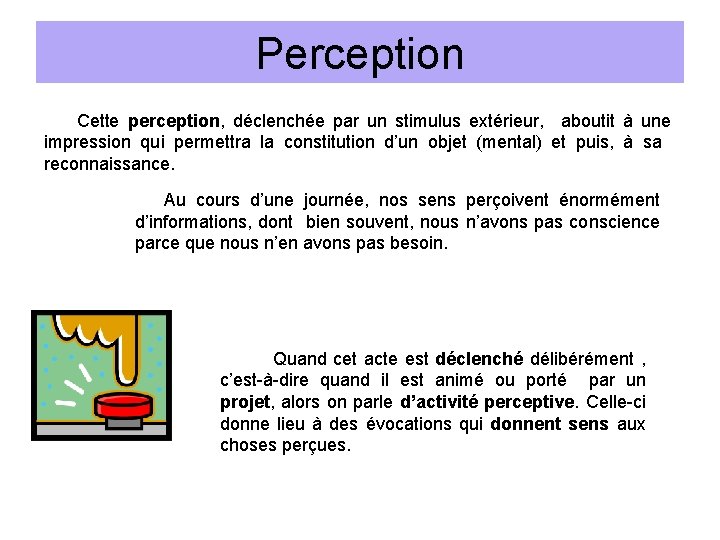 Perception Cette perception, déclenchée par un stimulus extérieur, aboutit à une impression qui permettra