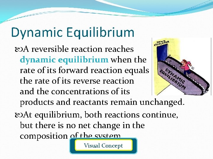 Dynamic Equilibrium A reversible reaction reaches dynamic equilibrium when the rate of its forward