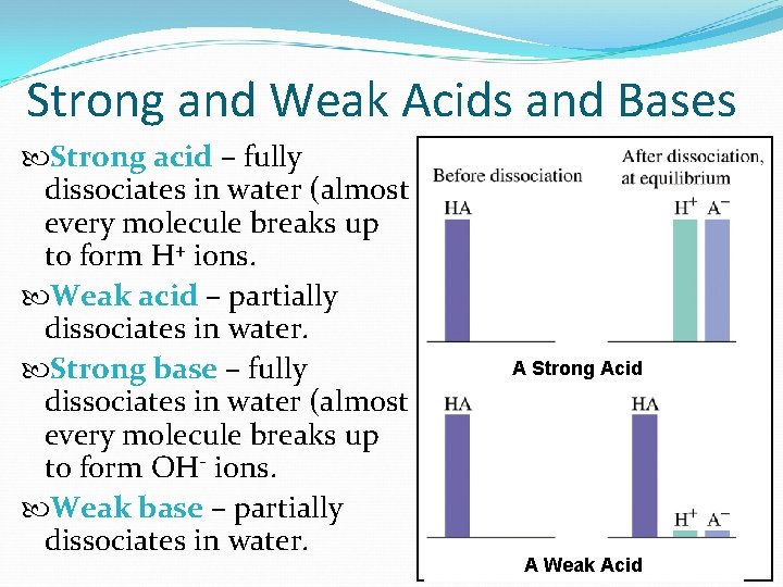 Strong and Weak Acids and Bases Strong acid – fully dissociates in water (almost