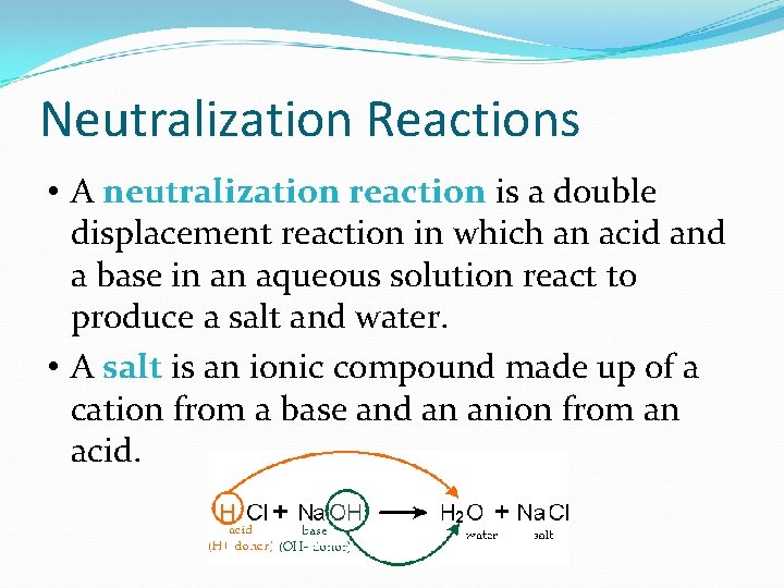 Neutralization Reactions • A neutralization reaction is a double displacement reaction in which an