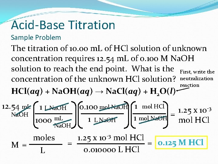 Acid-Base Titration Sample Problem The titration of 10. 00 m. L of HCl solution