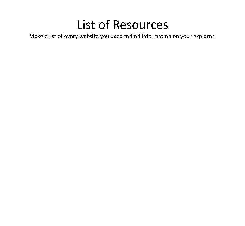 List of Resources Make a list of every website you used to find information