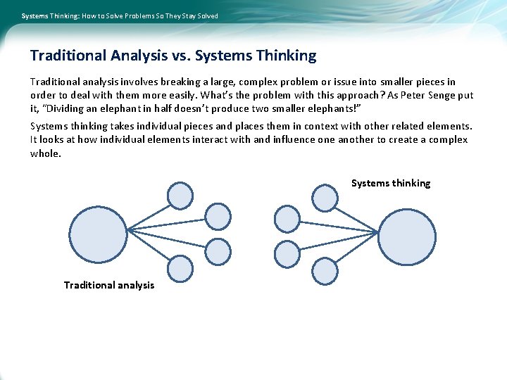 Systems Thinking: How to Solve Problems So They Stay Solved Traditional Analysis vs. Systems