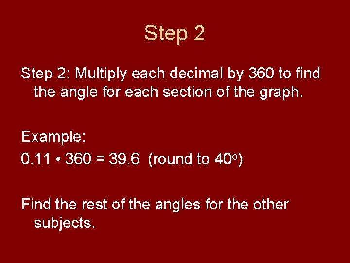 Step 2: Multiply each decimal by 360 to find the angle for each section