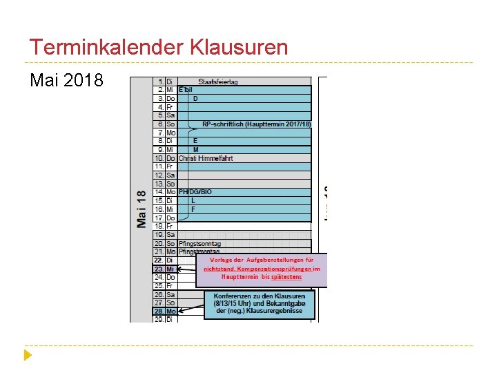 Terminkalender Klausuren Mai 2018 