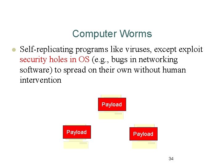 Computer Worms l Self-replicating programs like viruses, except exploit security holes in OS (e.