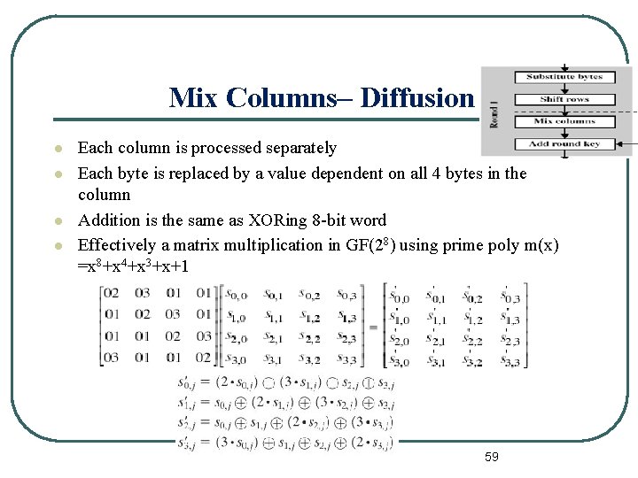Mix Columns– Diffusion l l Each column is processed separately Each byte is replaced