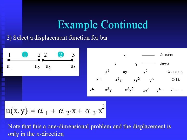Example Continued 2) Select a displacement function for bar 1 u 1 1 2