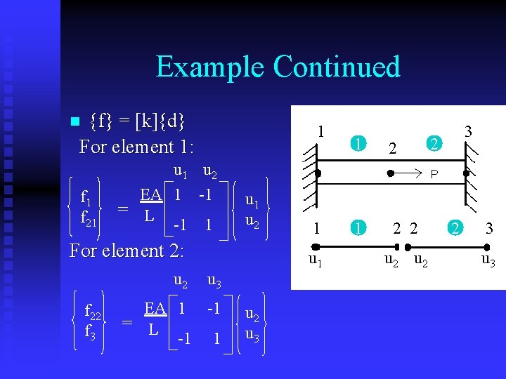 Example Continued {f} = [k]{d} For element 1: n f 1 f 21 1