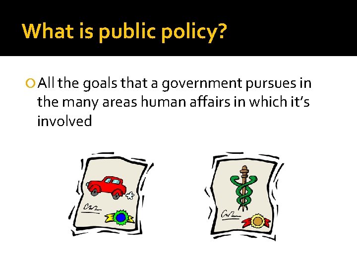 What is public policy? All the goals that a government pursues in the many