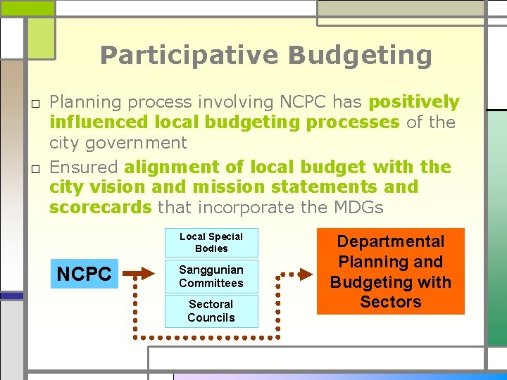 Participative Budgeting □ Planning process involving NCPC has positively influenced local budgeting processes of