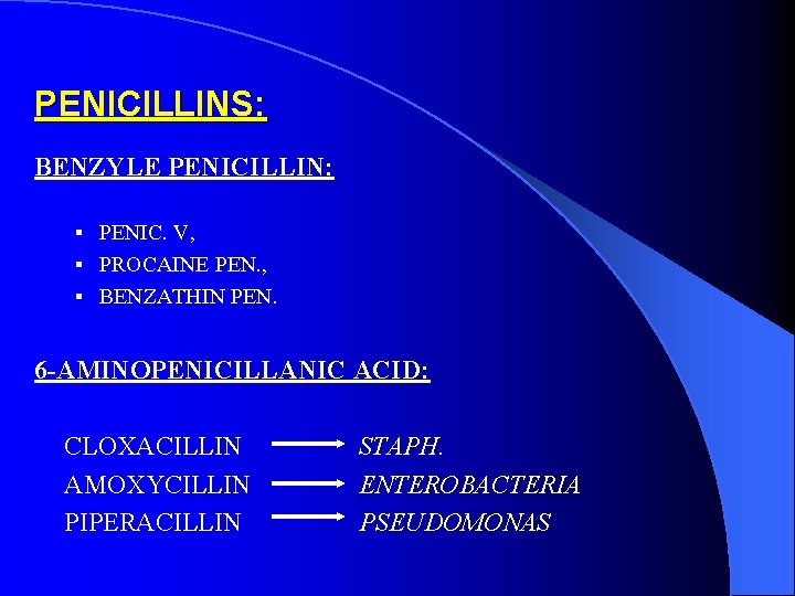 PENICILLINS: BENZYLE PENICILLIN: § PENIC. V, § PROCAINE PEN. , § BENZATHIN PEN. 6