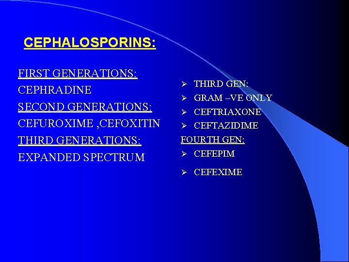 CEPHALOSPORINS: FIRST GENERATIONS: CEPHRADINE SECOND GENERATIONS: CEFUROXIME , CEFOXITIN THIRD GENERATIONS: EXPANDED SPECTRUM THIRD