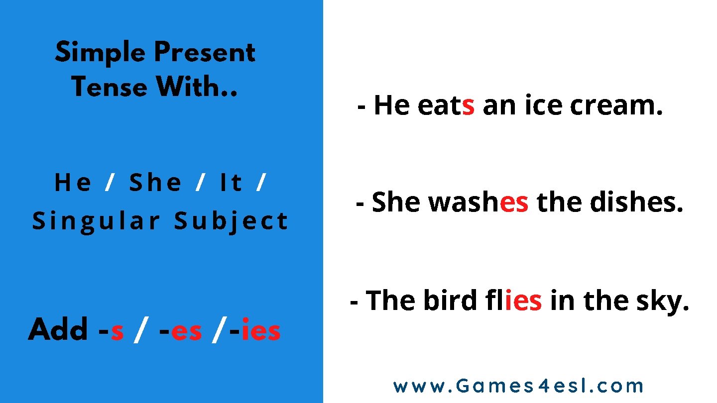 Simple Present Tense With. . He / She / It / Singular Subject Add