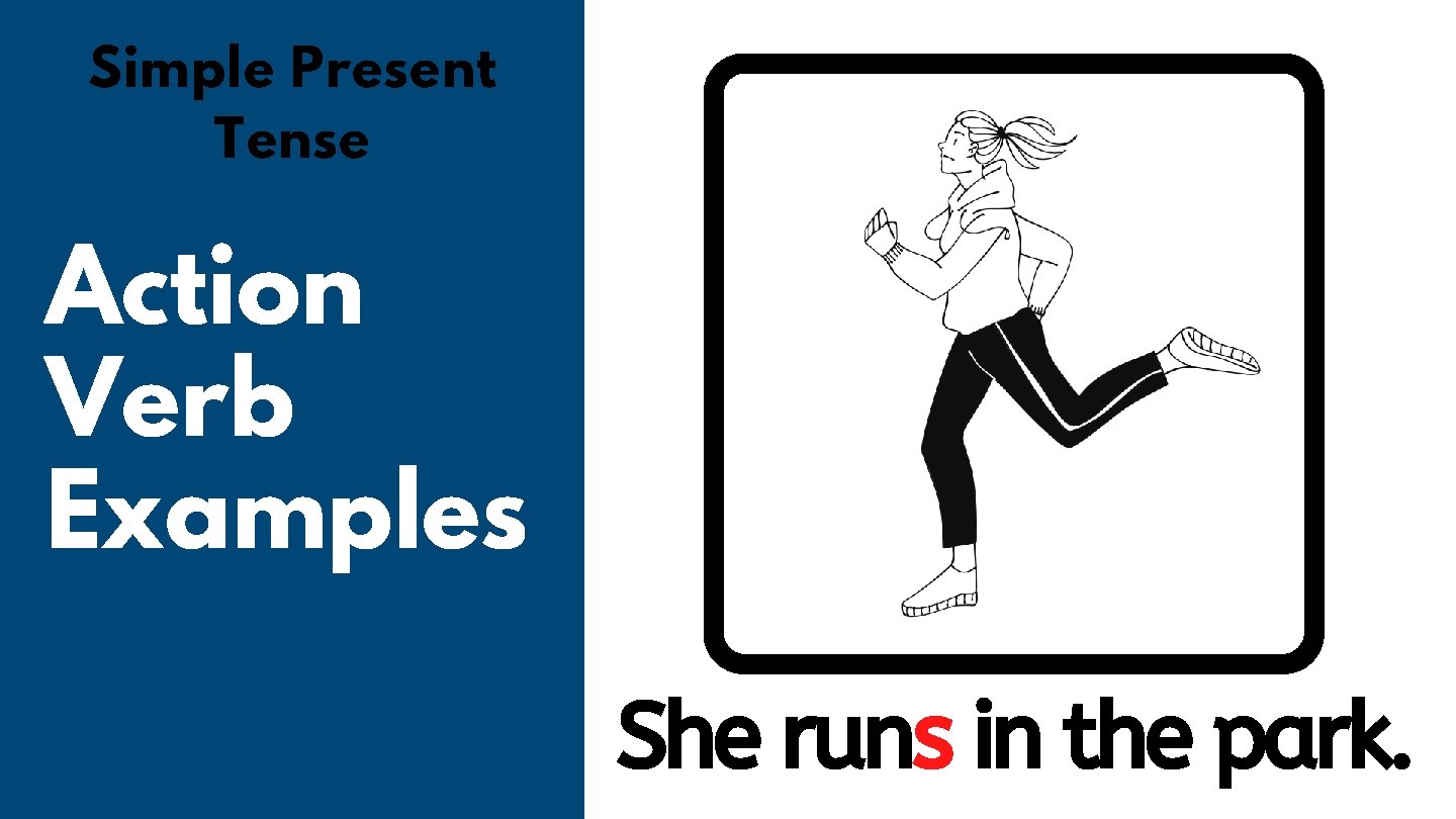 Simple Present Tense Action Verb Examples She runs in the park. 
