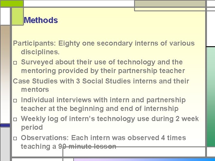 Methods Participants: Eighty one secondary interns of various disciplines. □ Surveyed about their use