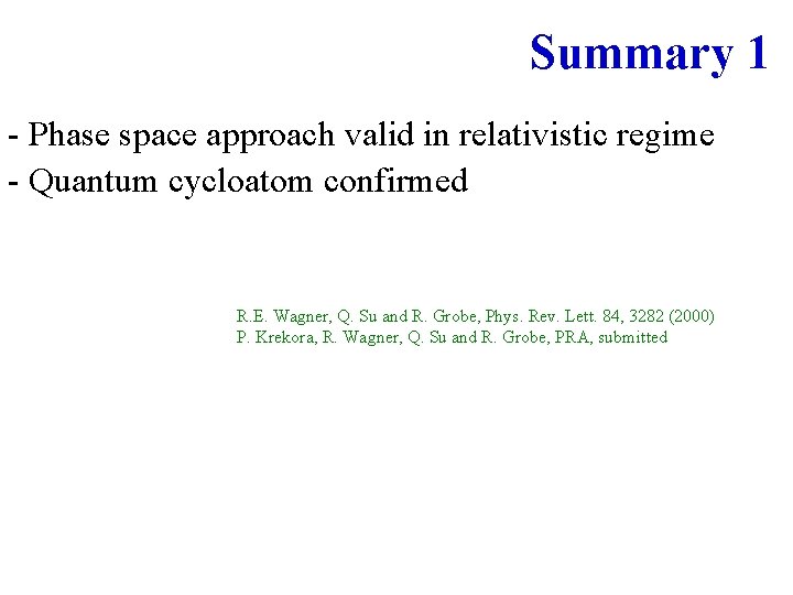 Summary 1 - Phase space approach valid in relativistic regime - Quantum cycloatom confirmed