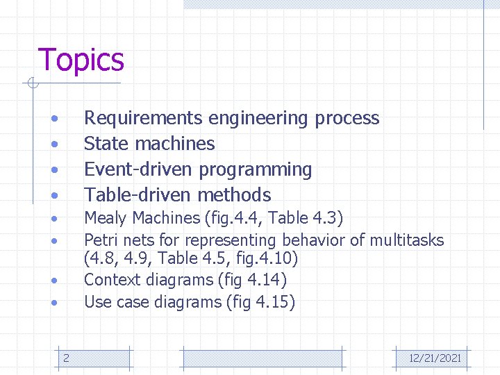 Topics • • Requirements engineering process State machines Event-driven programming Table-driven methods • •