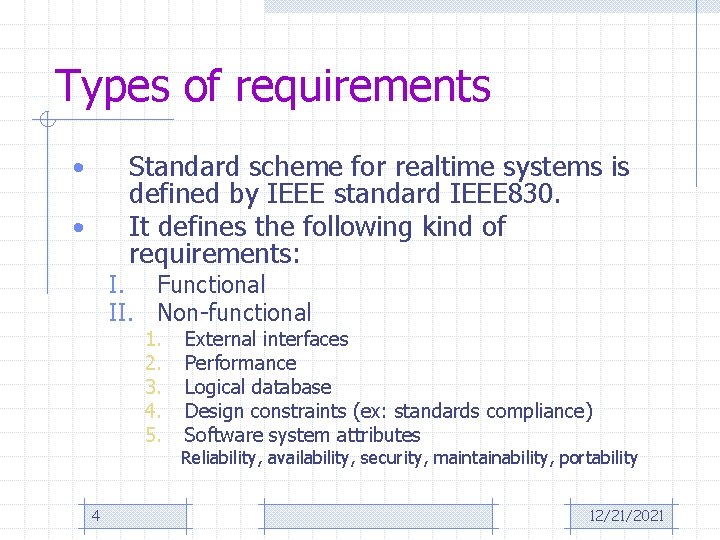 Types of requirements Standard scheme for realtime systems is defined by IEEE standard IEEE