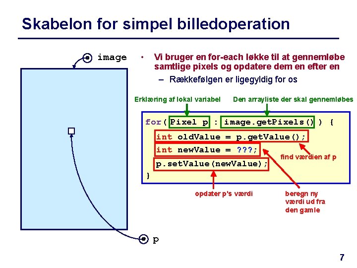 Skabelon for simpel billedoperation image • Vi bruger en for-each løkke til at gennemløbe
