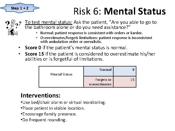 Risk 6: Mental Status Step 1 + 2 • To test mental status: Ask