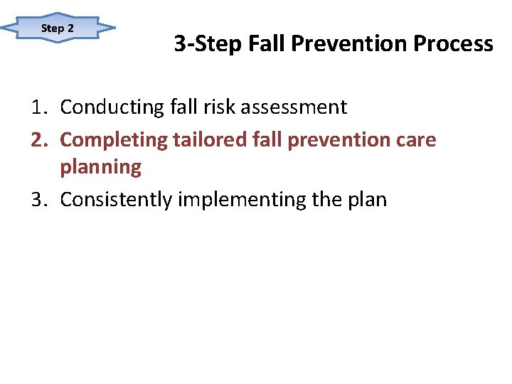 Step 2 3 -Step Fall Prevention Process 1. Conducting fall risk assessment 2. Completing