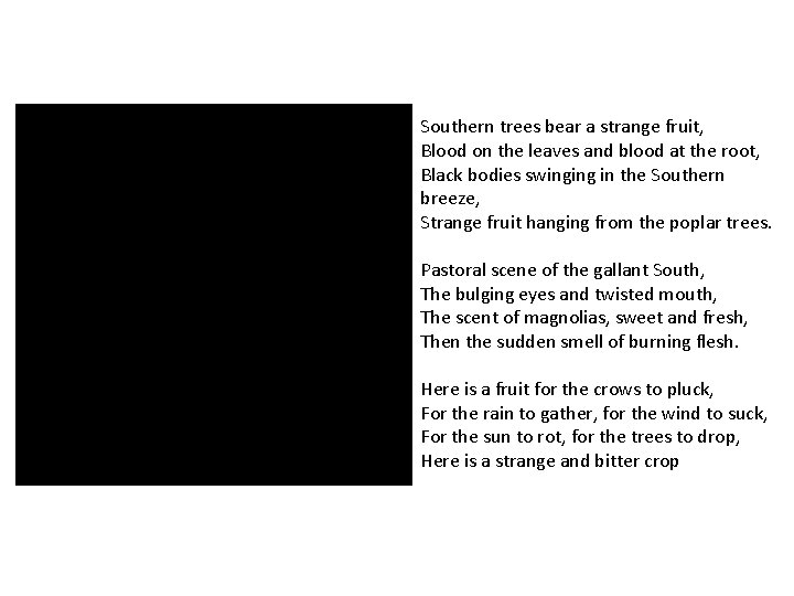 Southern trees bear a strange fruit, Blood on the leaves and blood at the