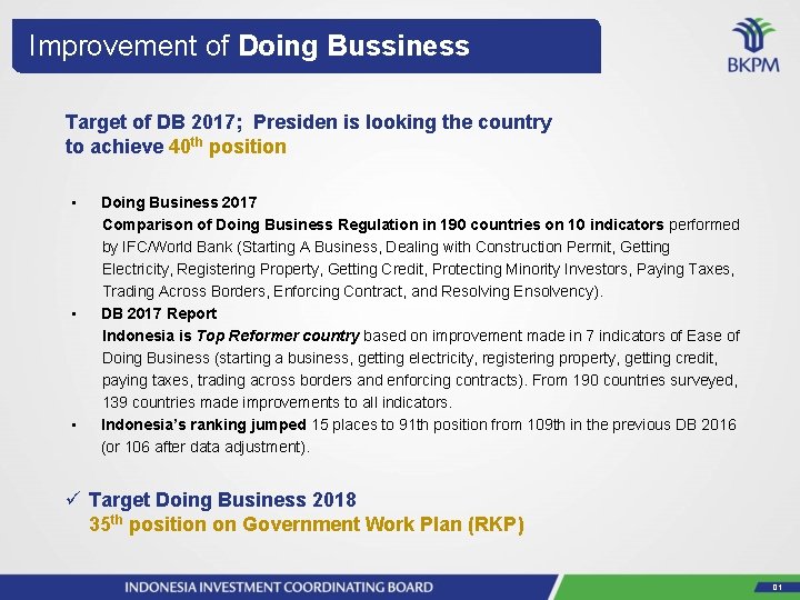 Improvement of Doing Bussiness Target of DB 2017; Presiden is looking the country to