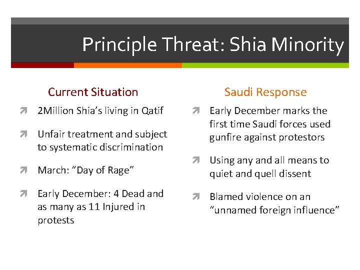 Principle Threat: Shia Minority Current Situation 2 Million Shia’s living in Qatif Unfair treatment