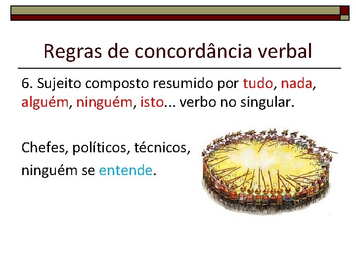 Regras de concordância verbal 6. Sujeito composto resumido por tudo, nada, alguém, ninguém, isto.