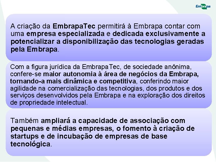 A criação da Embrapa. Tec permitirá à Embrapa contar com uma empresa especializada e