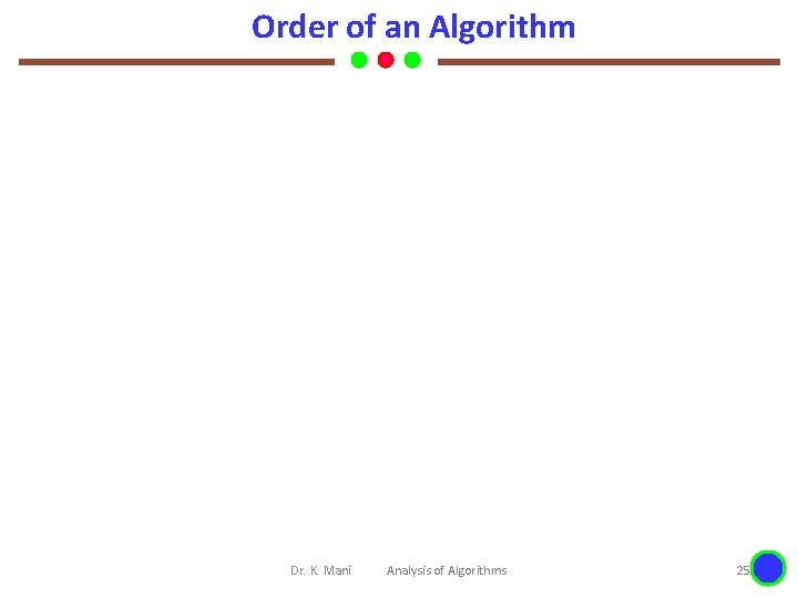 Order of an Algorithm Dr. K. Mani Analysis of Algorithms 25 