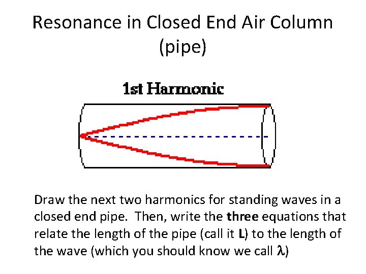 Resonance in Closed End Air Column (pipe) Draw the next two harmonics for standing