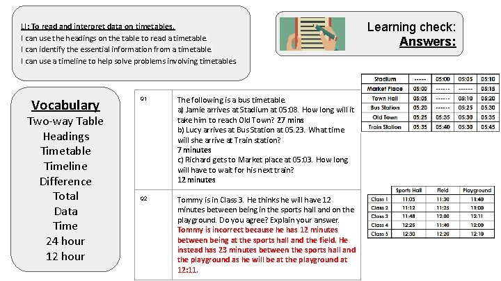LI: To read and interpret data on timetables. I can use the headings on